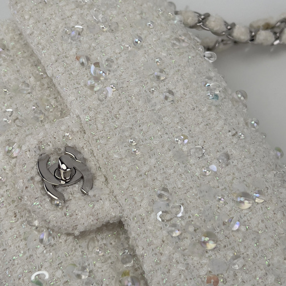 Chanel rain drop white tweed sequin double flap - Picture 3 of 12